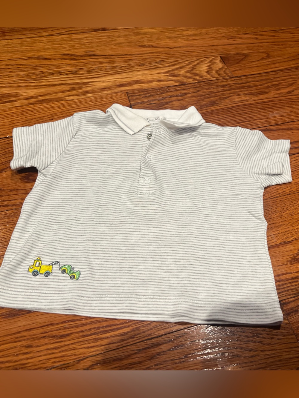 Kissy Kissy Gray Striped Polo with Yellow & Green Truck Embroidery